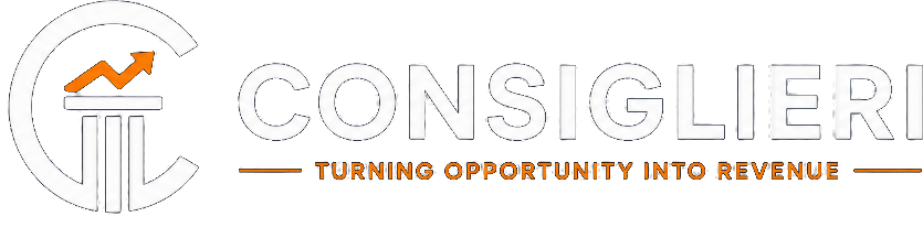 Logotipo original da Consiglieri Solutions, com monograma de coluna e seta ascendente