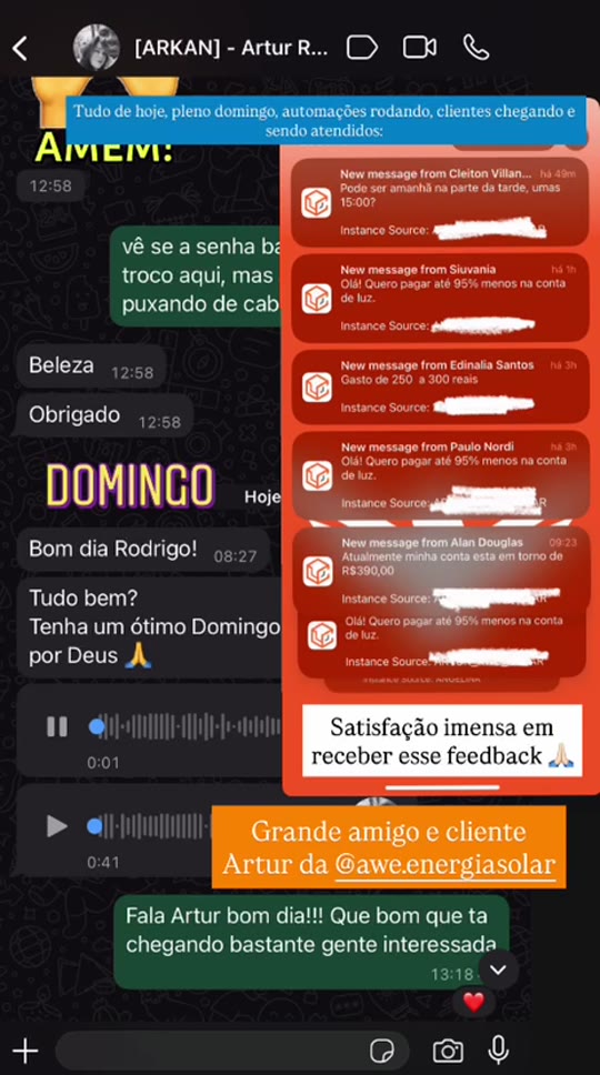 Captura de depoimento e resultados no WhatsApp
